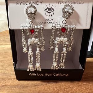 Eye Candy Silver and Red Alloy Glass Crystal Skeleton Earrings NWB